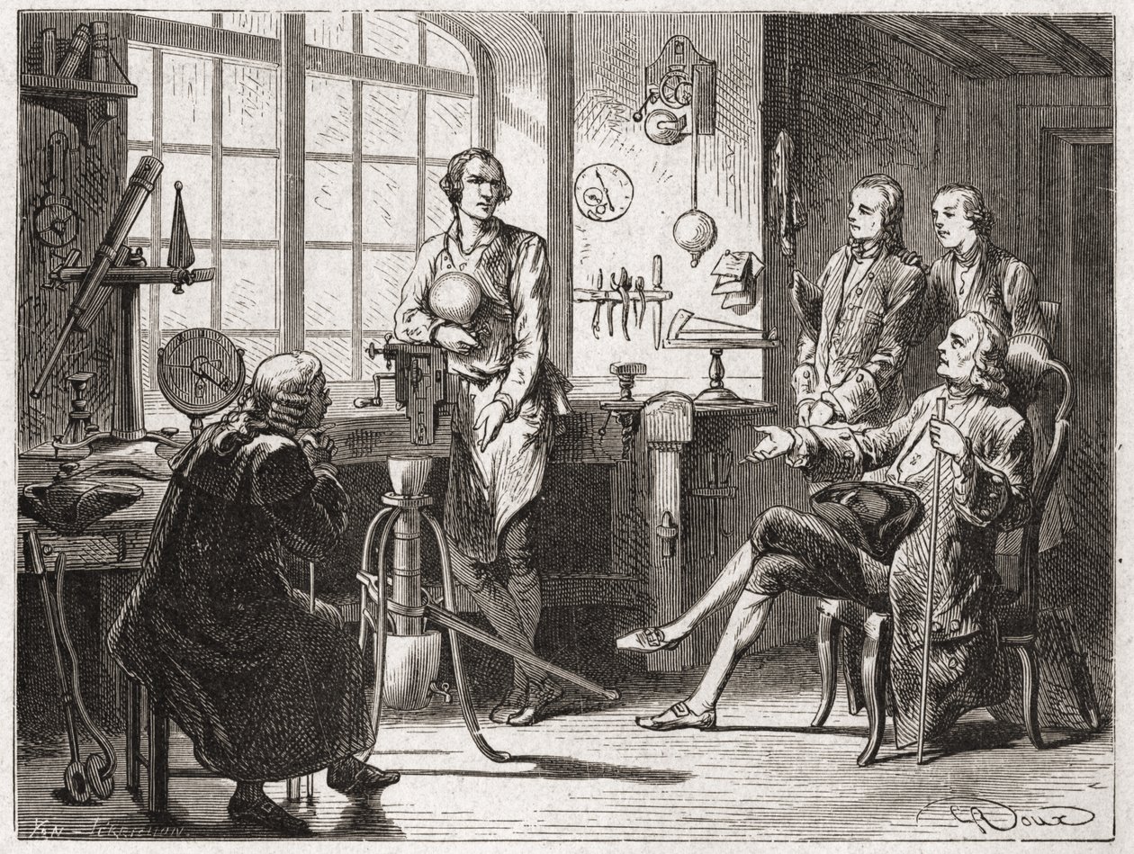 James Watt (uppfinnaren av ångmaskinen 1769) i sin butik i Glascow - i "" Album of Science; berömda vetenskapsmän; Stora upptäckter””” 1896. av French School