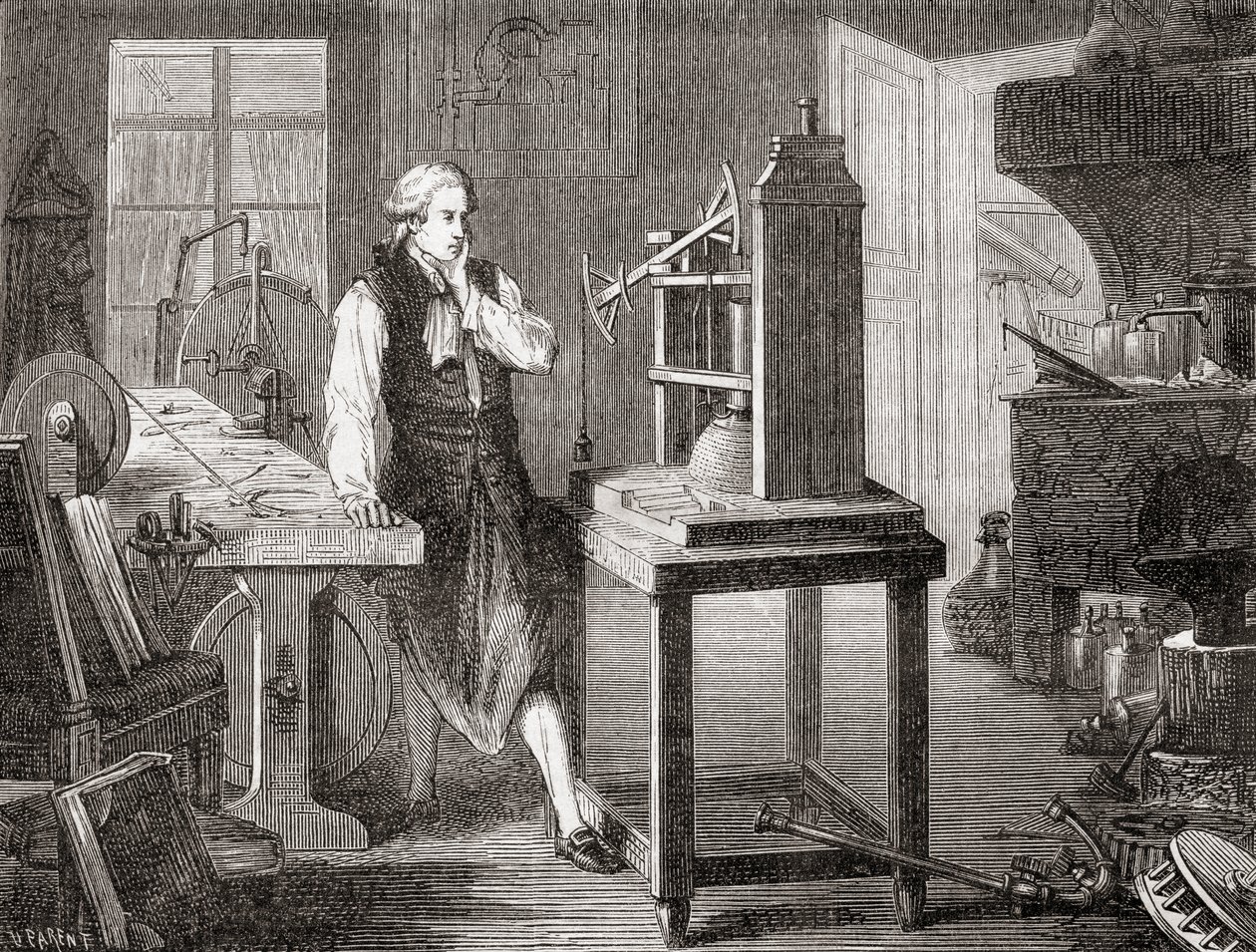 James Watt i sin verkstad i Glasgow förbättrade Thomas Newcomens 1712 Newcomen ångmaskin med sin Watt ångmaskin 1781, från Les Merveilles de la Science, pub.1870. av French School