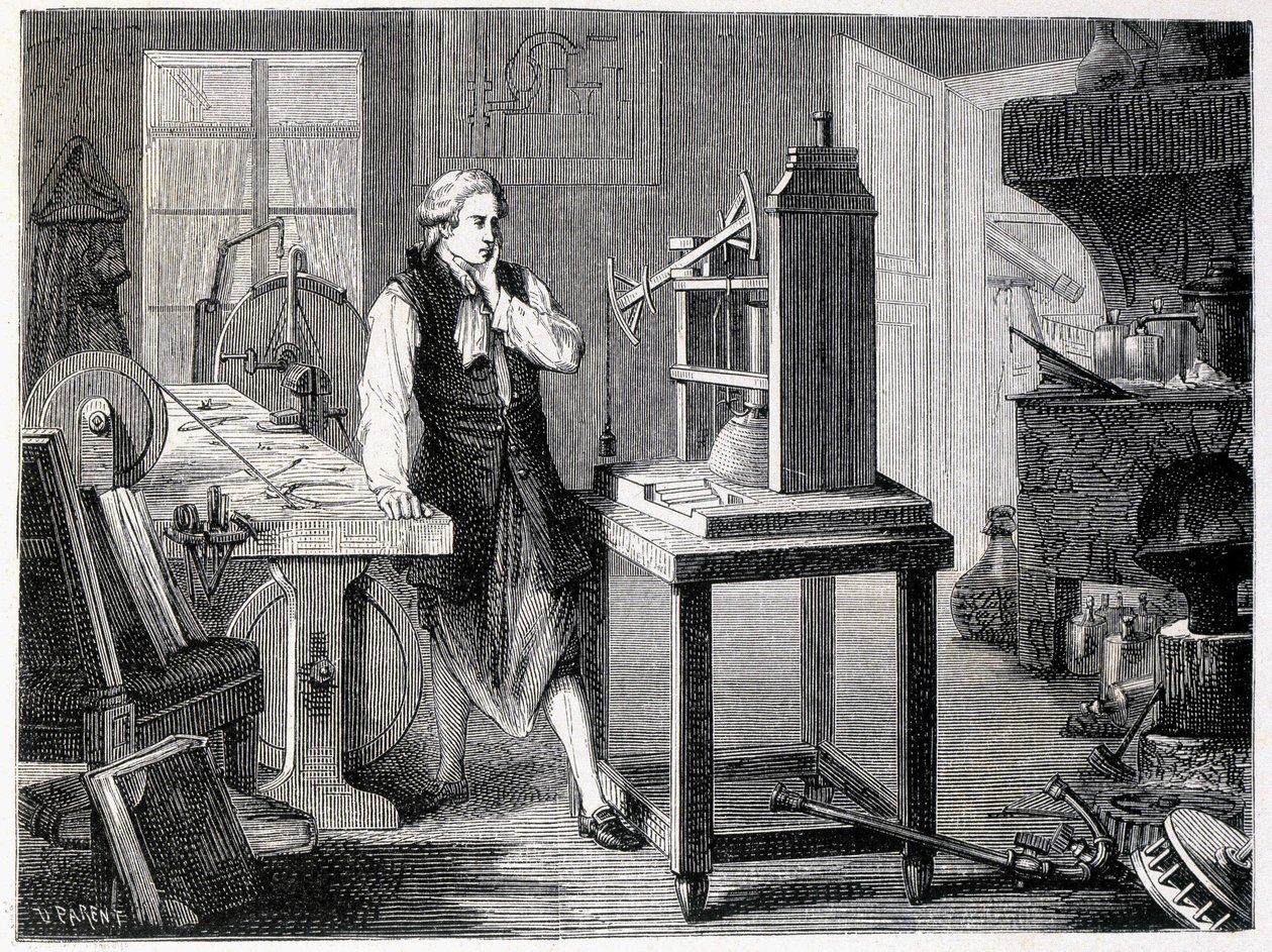 James Watt studerar perfektionen av Newcomens maskin (1767) - i "" Album of Science; berömda forskare; Stora upptäckter”” 1896. av French School