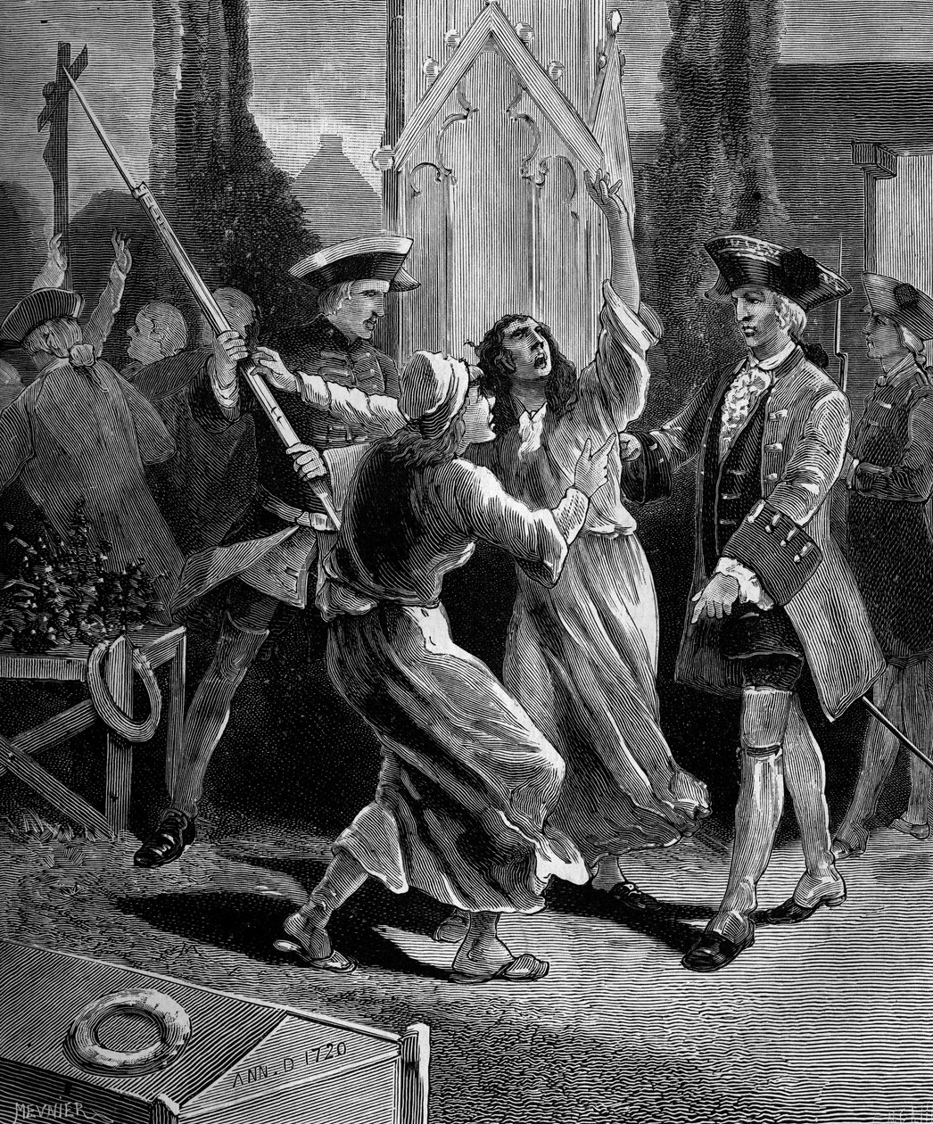 Jansenism: kramparna (jansenistiska fanatiker) jagar från kyrkogården Saint Medard under Ludvig XV. av French School