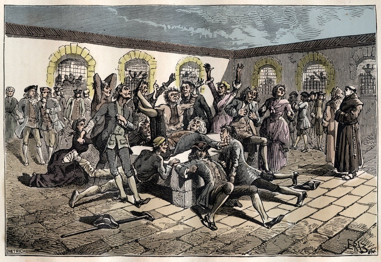 Jansenist konvulsionär (eller Saint Medard) (Konvulsioners verk) på 1700-talet: "" de sjuka och handikappade går till kyrkogården i saint-medard (där diakonen Francois Paris grav är belägen) för att på ett mirakulöst sätt vara gueris" (Konvulsionsövningar  av French School