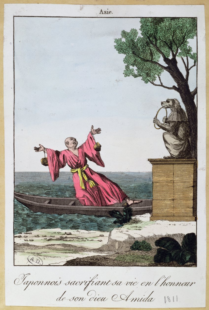 Japansk man offrar sitt liv för att hedra guden Amida, 1811 (färg litho av French School