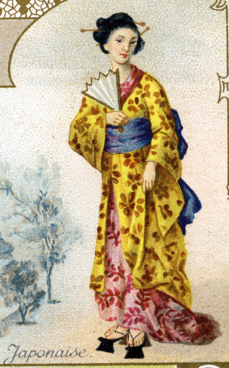japansk kvinna. Upplaga av den parisiska litografin, slutet av 1800-talet. Serie om 25 reklamkromoner för Dijon-tillverkningen av Biscuits Pernot, skapad 1869. Detalj av karaktärerna i traditionell kostym av French School