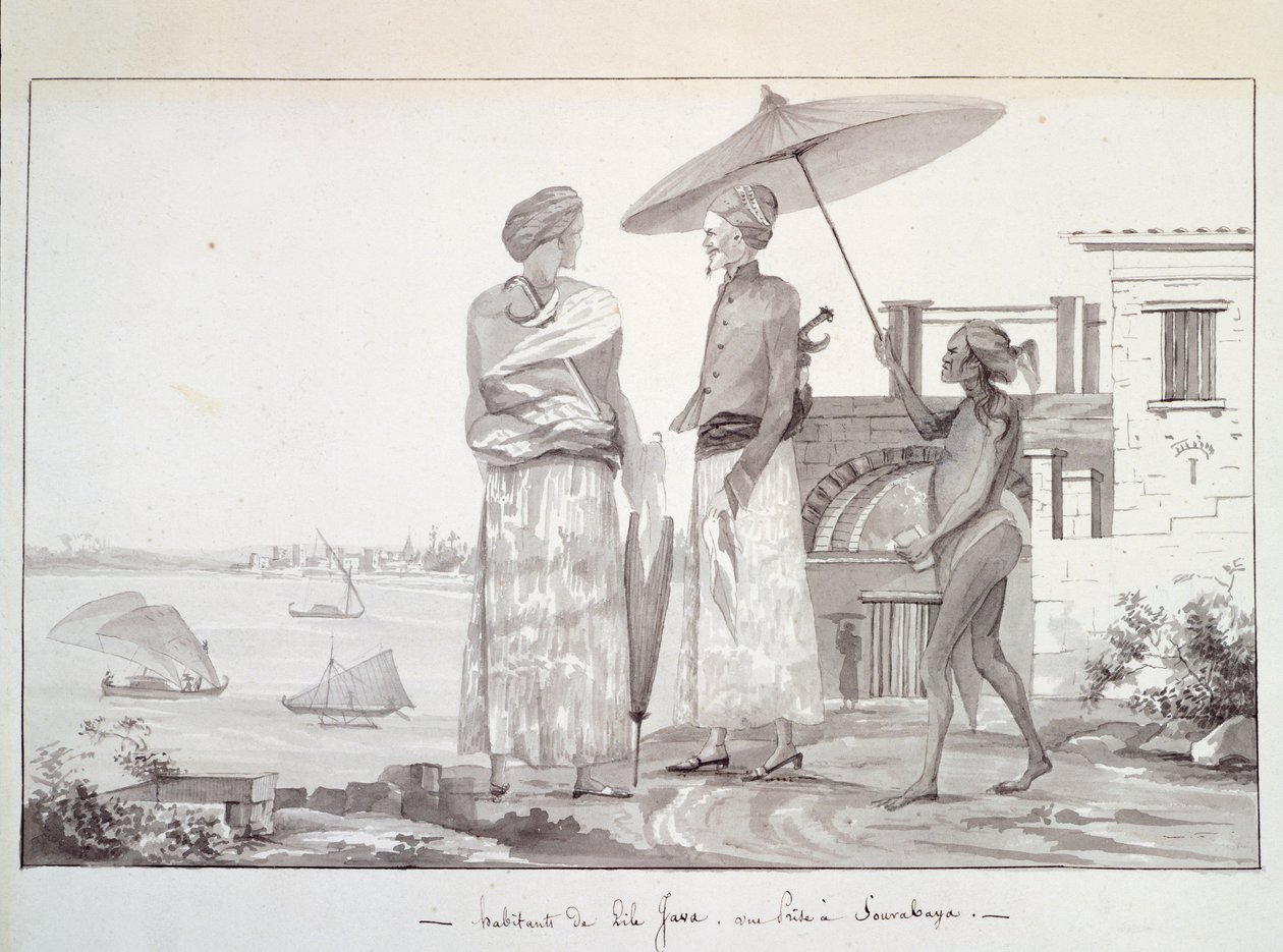 Java Island Inhabitants på väg till Surabaya, Illustration från Voyage round the world av Louis Isidore Duperrey, av L F Lejeune av French School