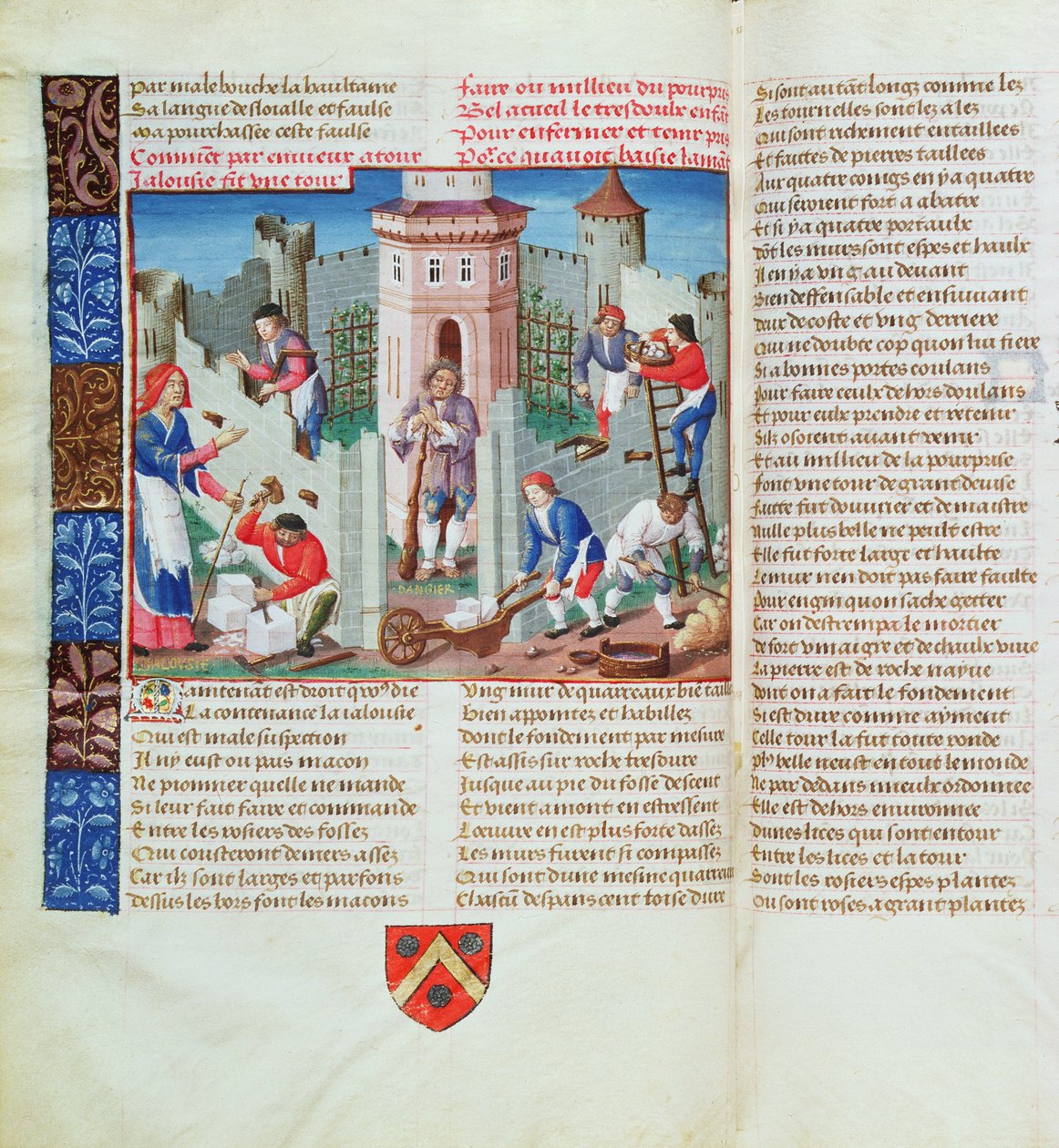 Svartsjuka reser en fästning, från Roman de la Rose (gouache på pergament) av French School