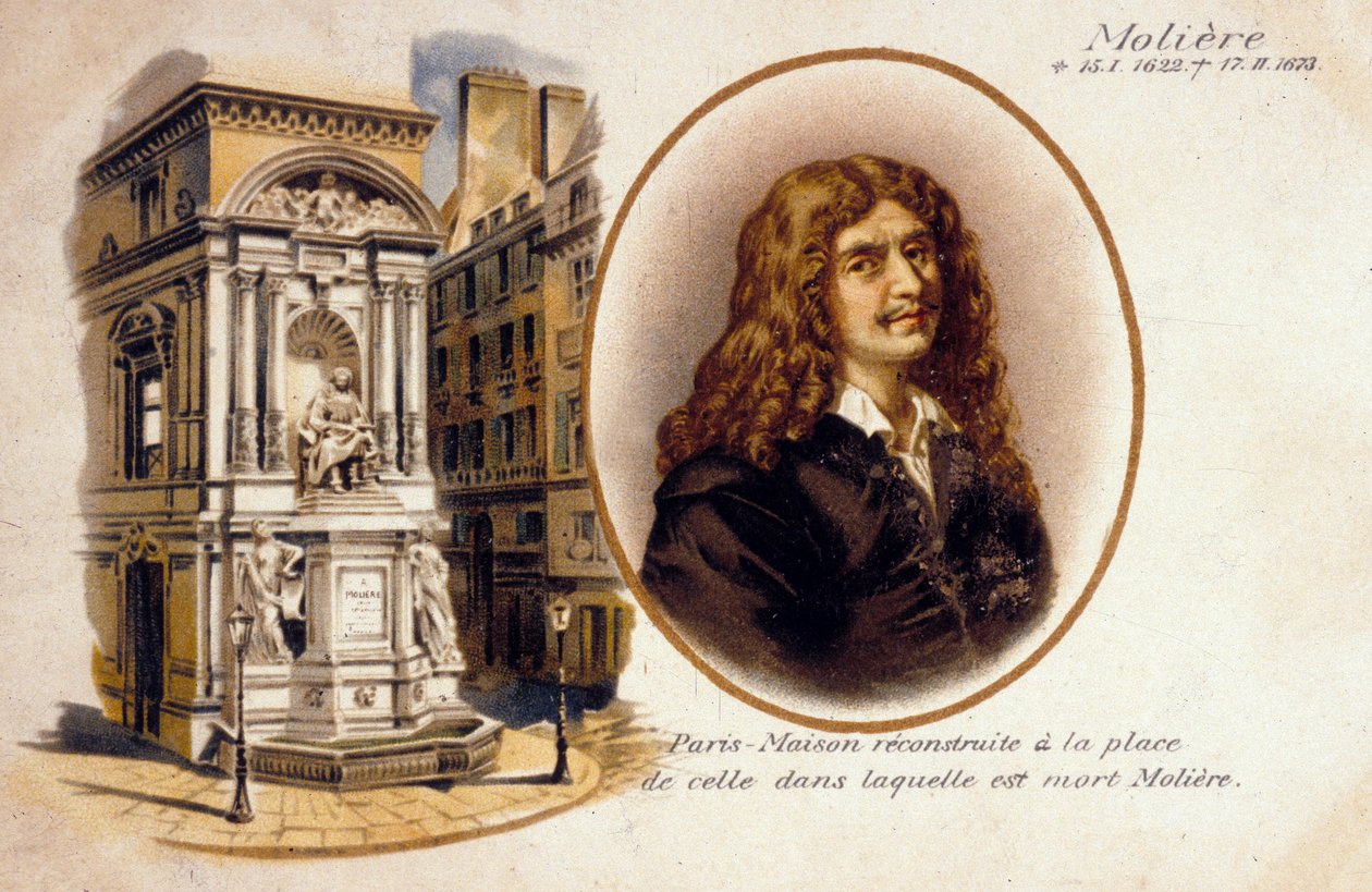 Jean-Baptiste Poquelin, aka Moliere (färg litho) av French School