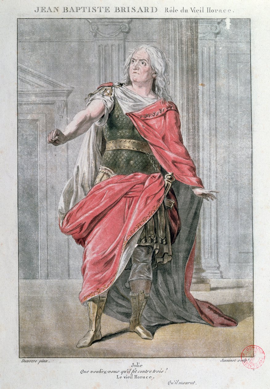 Jean Baptiste Brisard i rollen som Vieil Horace i tragedin Horace av Corneille (färgstick) av French School