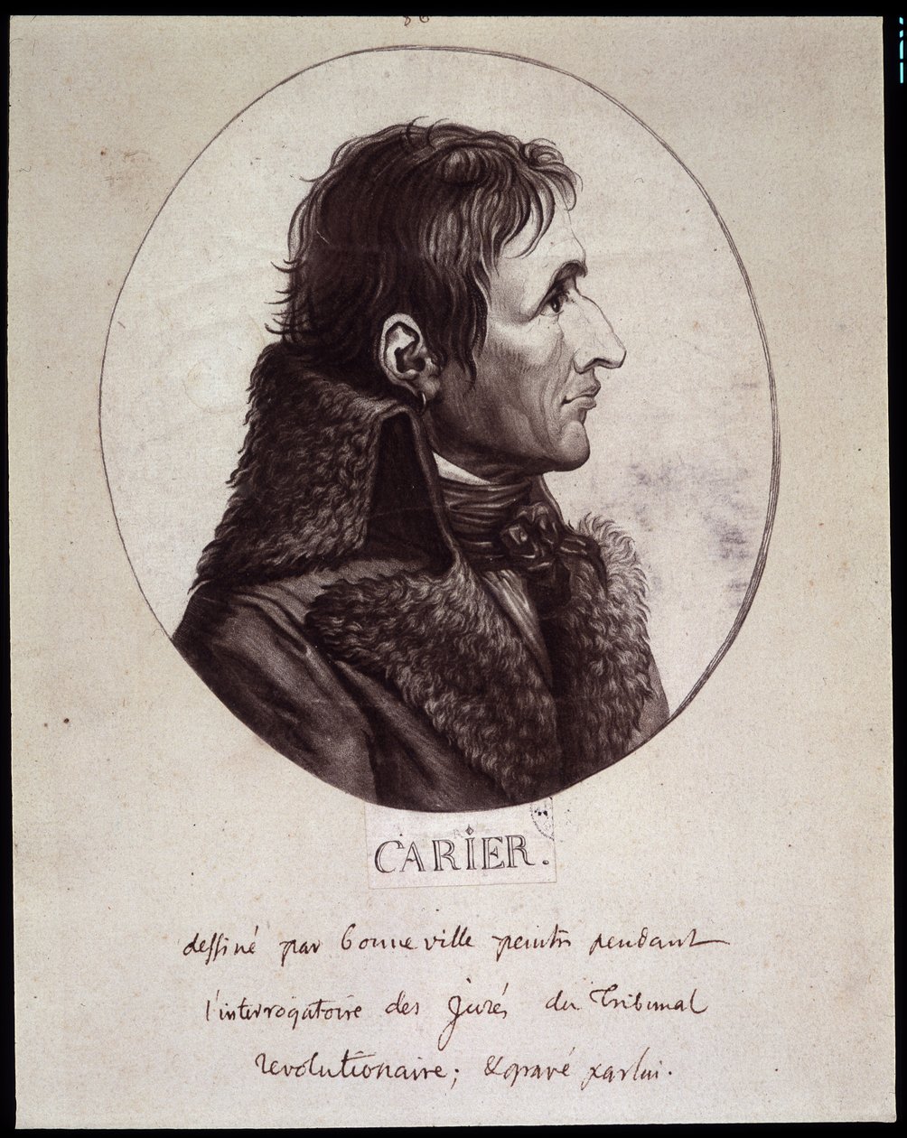 Jean Baptiste Carrier (1756-1794), tecknar av Gouneville under förhöret av Revolutionsdomstolens Projures av French School