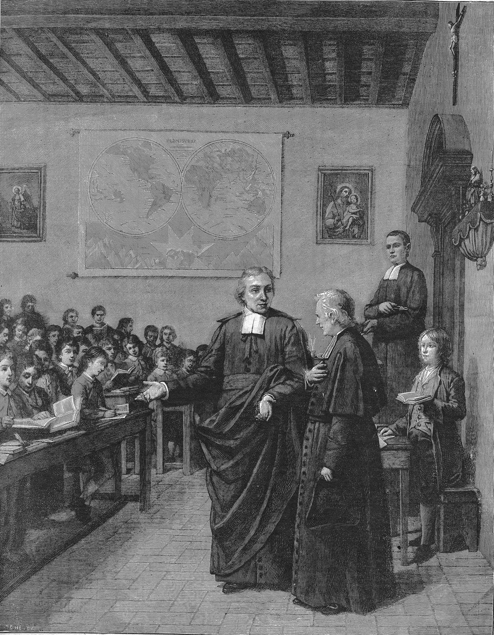 Jean Baptiste De La Salle (Jean-Baptiste) 1651-1719 Fransk religiös, grundare av kongregationen för bröderna i de kristna skolorna, visar en av sina skolor för M de La Chetardie. Gravyr från slutet av 1800-talet. av French School