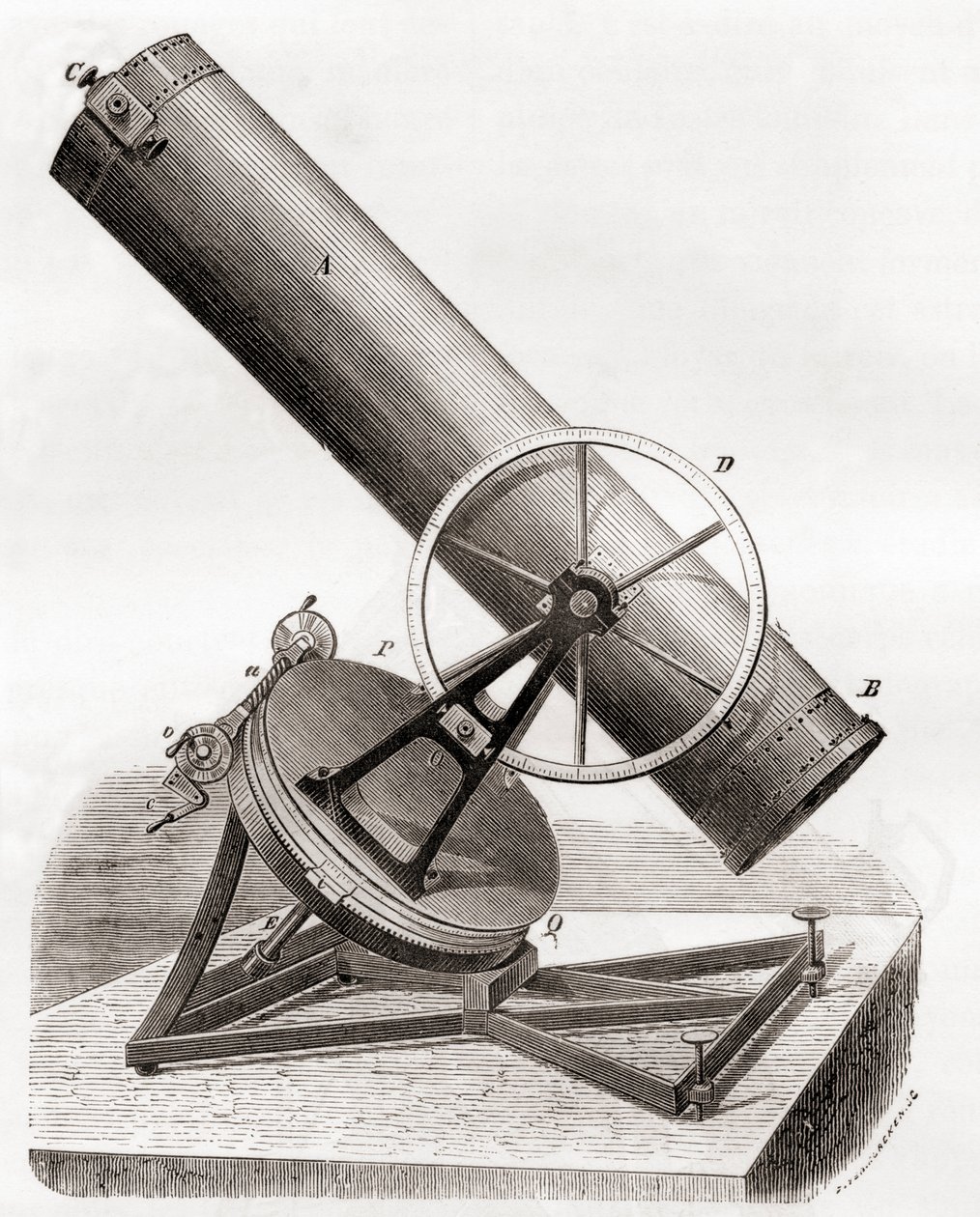 Jean Bernard Léon Foucaults spegelreflekterande teleskop på ett ekvatorialfäste, efter en teckning från 1800-talet, från Les Merveilles de la Science, publicerad ca 1870 (gravyr) av French School