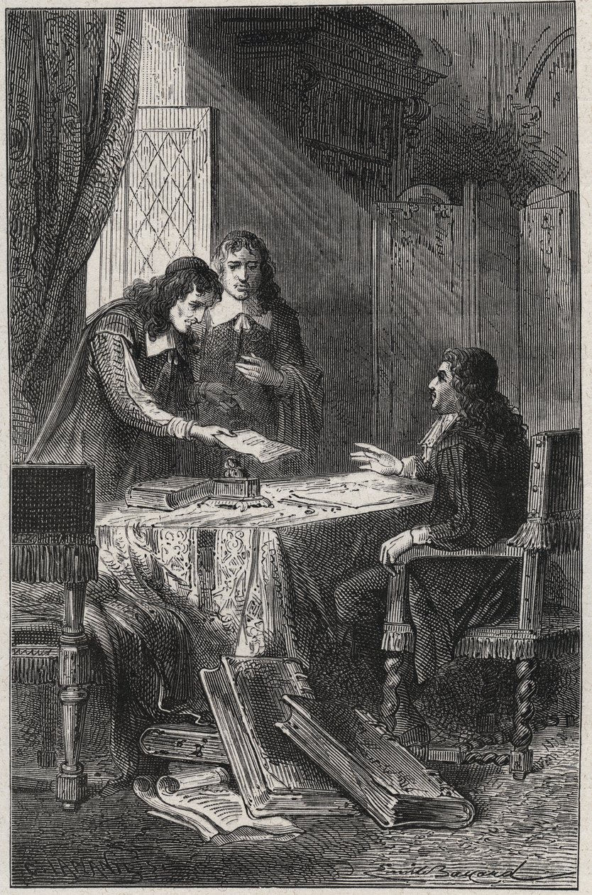 Jean Chapelain (1595-1674) fransk poet och litteraturkritiker och Pierre Costar (1603-1660) gav Jean Baptiste Colbert (1619-1683) en lista över författare som förtjänar att bli pensionärer av kungen - gravyr i "Les Hommes Celebres de la Frankrike” av Louis av French School