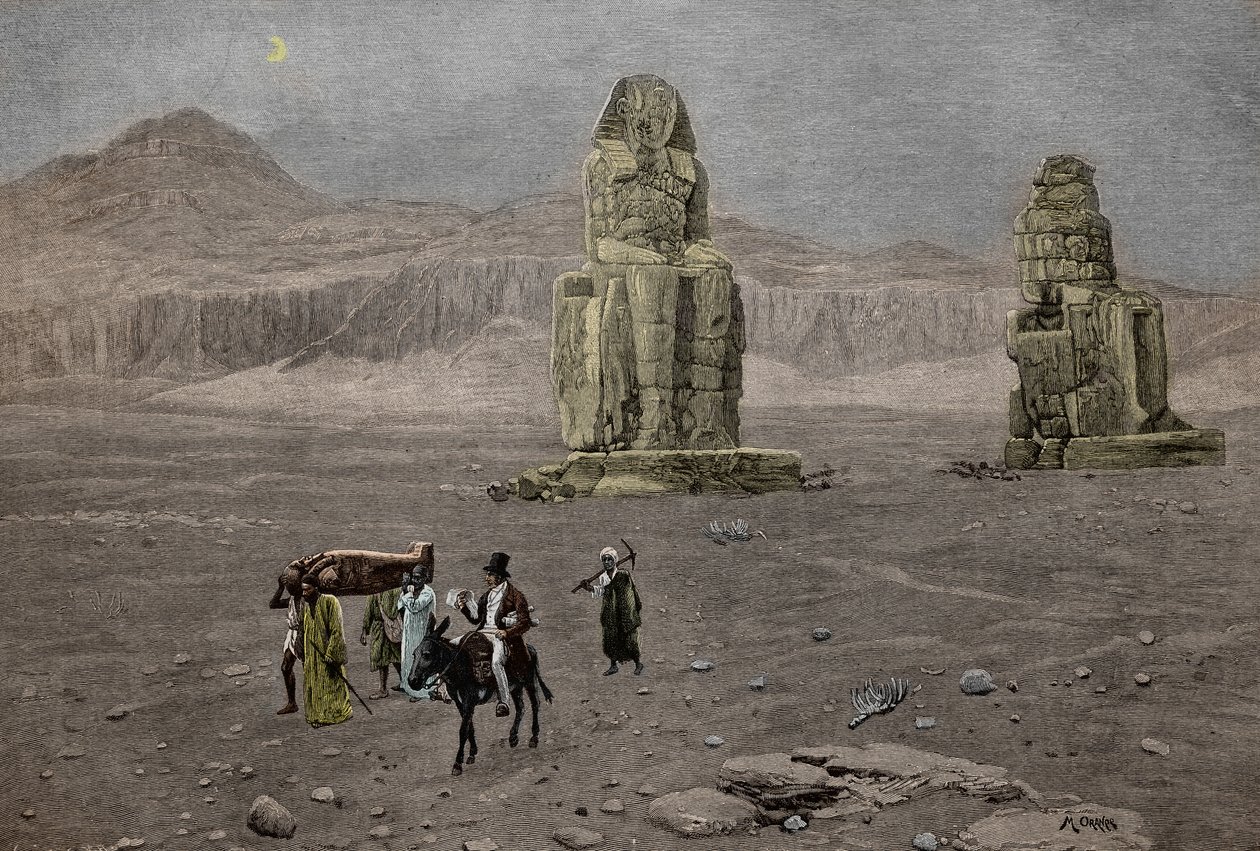 Jean Francois Champollion vid Memnonkolosserna i Egypten (gravyr) av French School