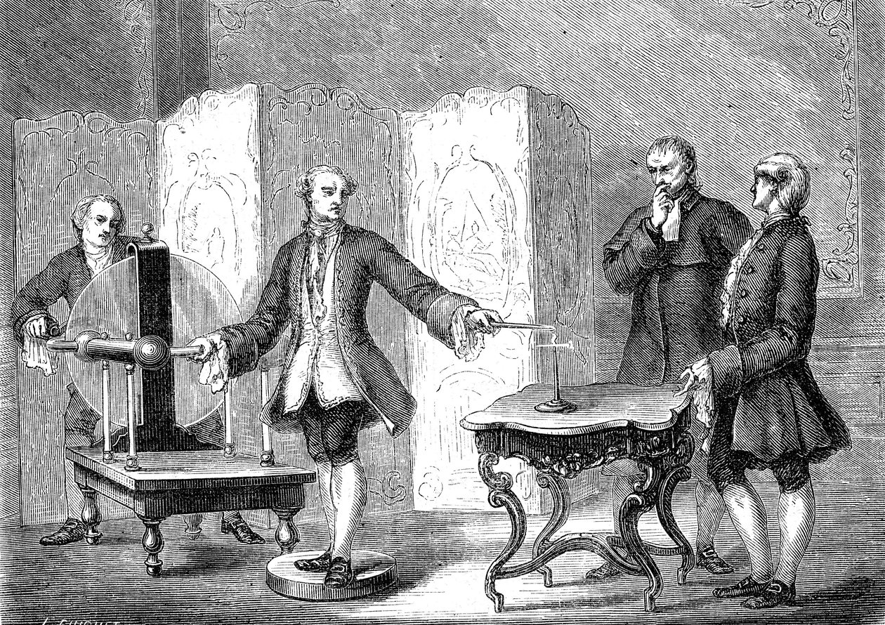 Jean JALLABERT (1712-1768), schweizisk fysiker, upptäcker elektricitet på vassa föremål (Power of the Pointe av FRANKLIN). gravyr 1867 av French School