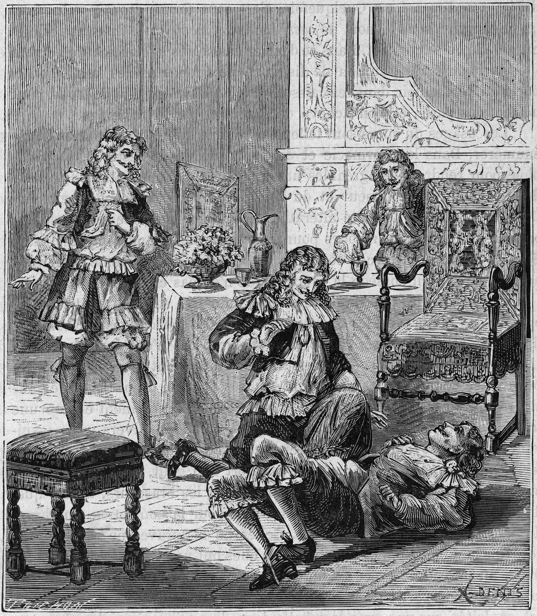 Jean de SANTEUL (Santeuil) (1630-1697) förgiftar med ett glas vin i vilket tobak från Spanien hade lagts - Gravyr i "Vetenskapen gjort tillgängliga för alla - fysik och kemi"" av Alexis Clerc - Slutet av 1800-talet - Privat samling av French School