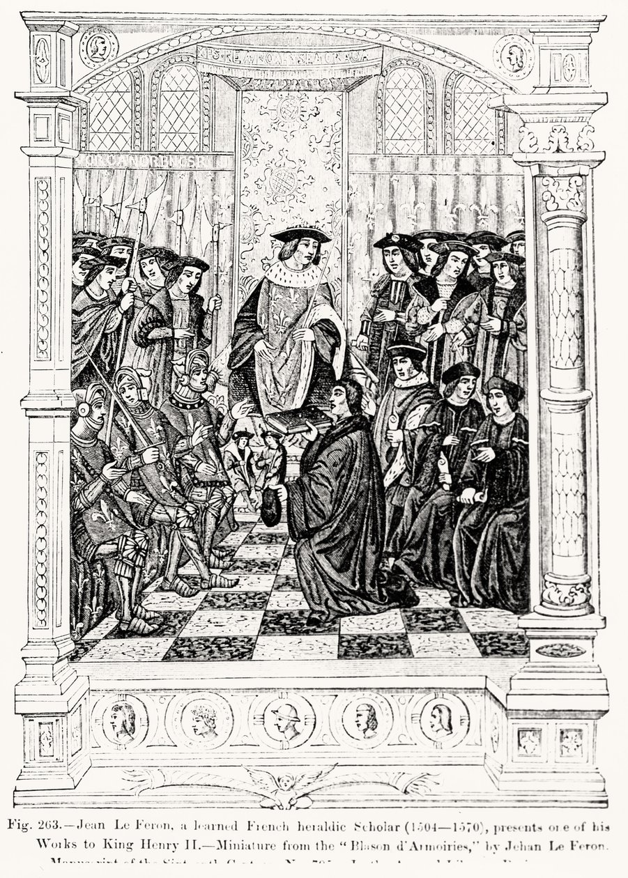 Jean le Feron (1504-70) presenterar ett av sina verk för kung Henrik II (1519-89) från Blason dArmoires, av Jean le Feron, illustration från vetenskap och litteratur under medeltiden och renässansskrivning av French School