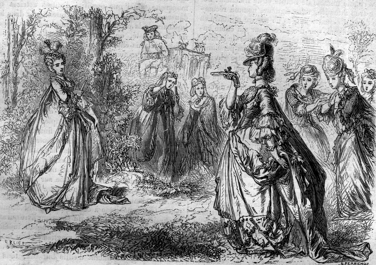 Jeanne Becu, grevinnan (eller madamen) av Barry (1743-1793)) Ludvig XV:s favorit vid Pavilion of Lucienne. Gravyr i "Historien om påvar-kungar-drottningar och kejsare genom århundradena" av Maurice Lachatre av French School