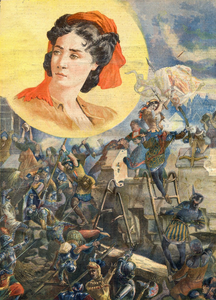 Jeanne Laisne (1456-?), känd som Jeanne Fourquet, med smeknamnet Jeanne Hachette Heroine francaise - Jeanne Hachette vid belägringen av Beauvais 1472 - Illustration för Le petit Journal, 8 januari 1894 av French School
