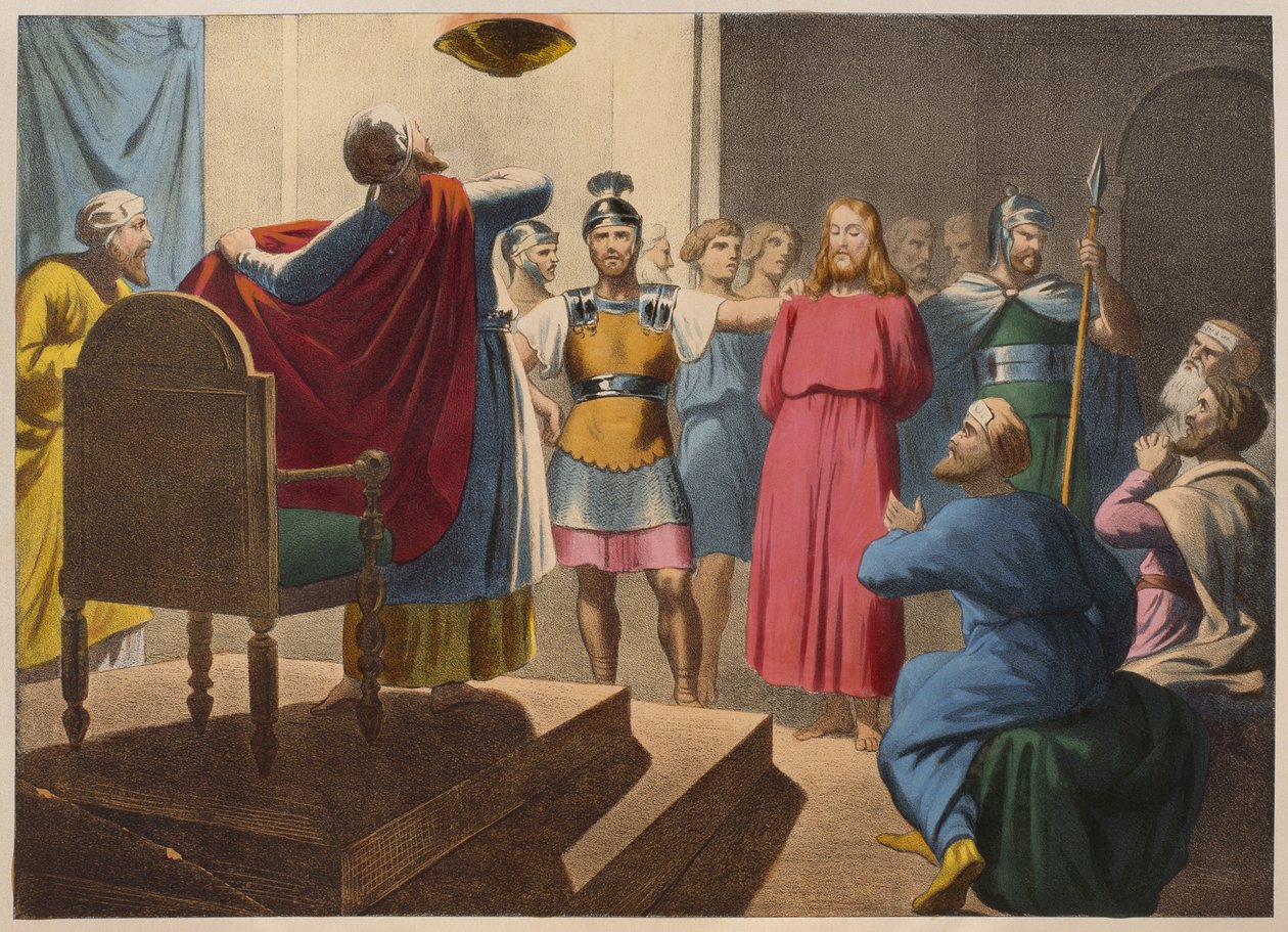 Jesus Kristus före Kaifas, illustration från en katekes LHistoire Sainte, utgiven av Charles Delagrave, Paris, sent 1800-tal av French School