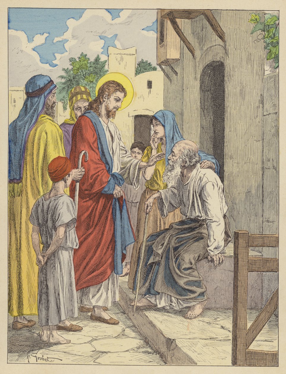 Jesus botar den blinde mannen (färglitografi) av French School