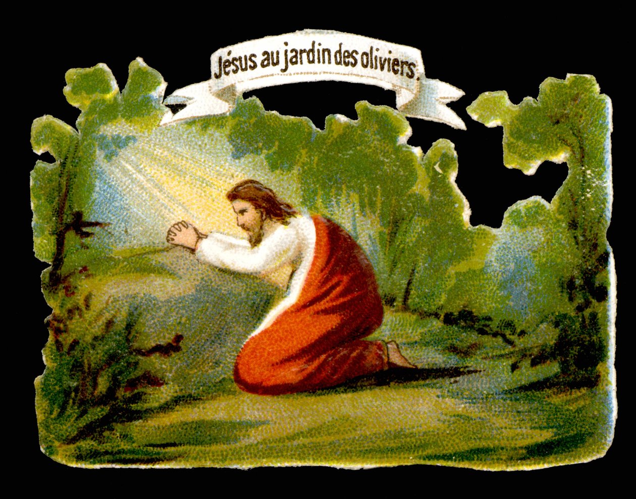 Jesus tar emot gudomligt ljus i Olive Garden - Chromo., sent 1800-tal av French School