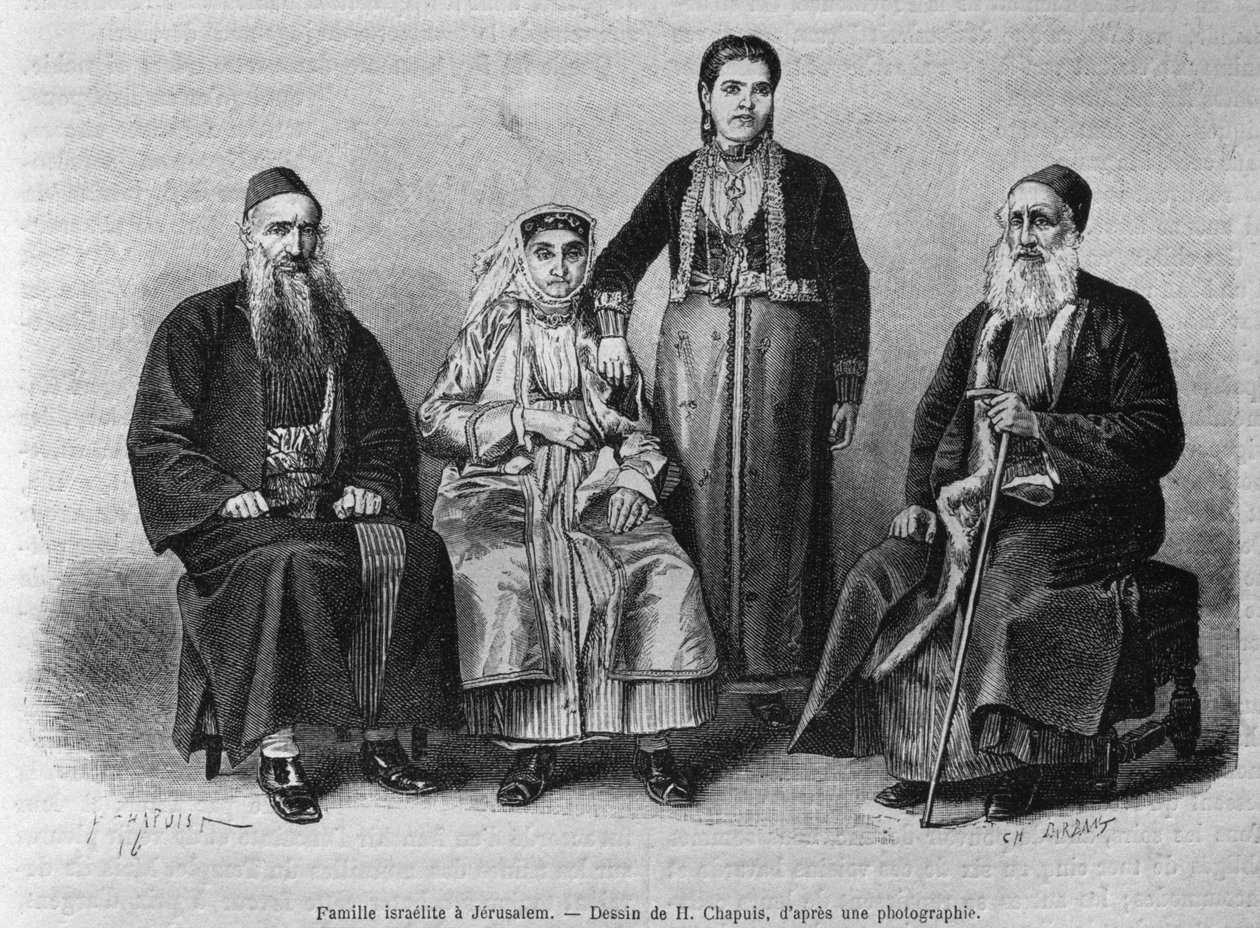Judisk familj i Jerusalem, från Syrien idag. Reser i Fenicien, Libanon och Judéen. 1875-1880 av Louis Charles Emile Lortet, 1884 (bw gravyr) av French School