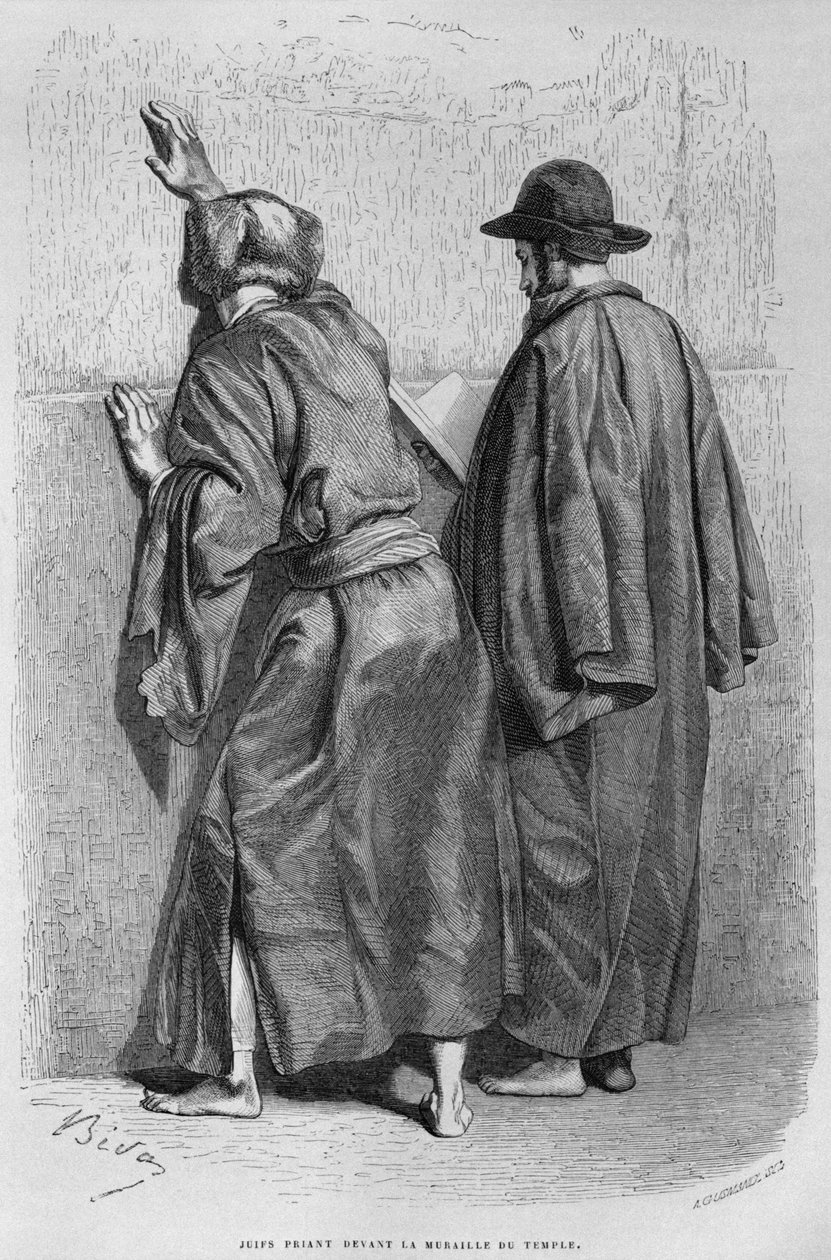 Judiska män vid klagomuren, från Syrien idag. Reser i Fenicien, Libanon och Judéen. 1875-1880 av Louis Charles Emile Lortet, 1884 (bw gravyr) av French School