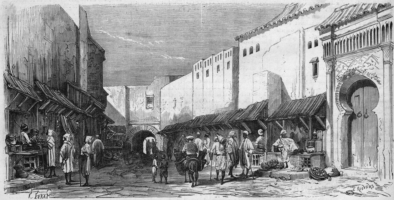 Judisk befolkning i Tetouan (Tetuan) i Marocko: utsikt över en judisk basar av French School