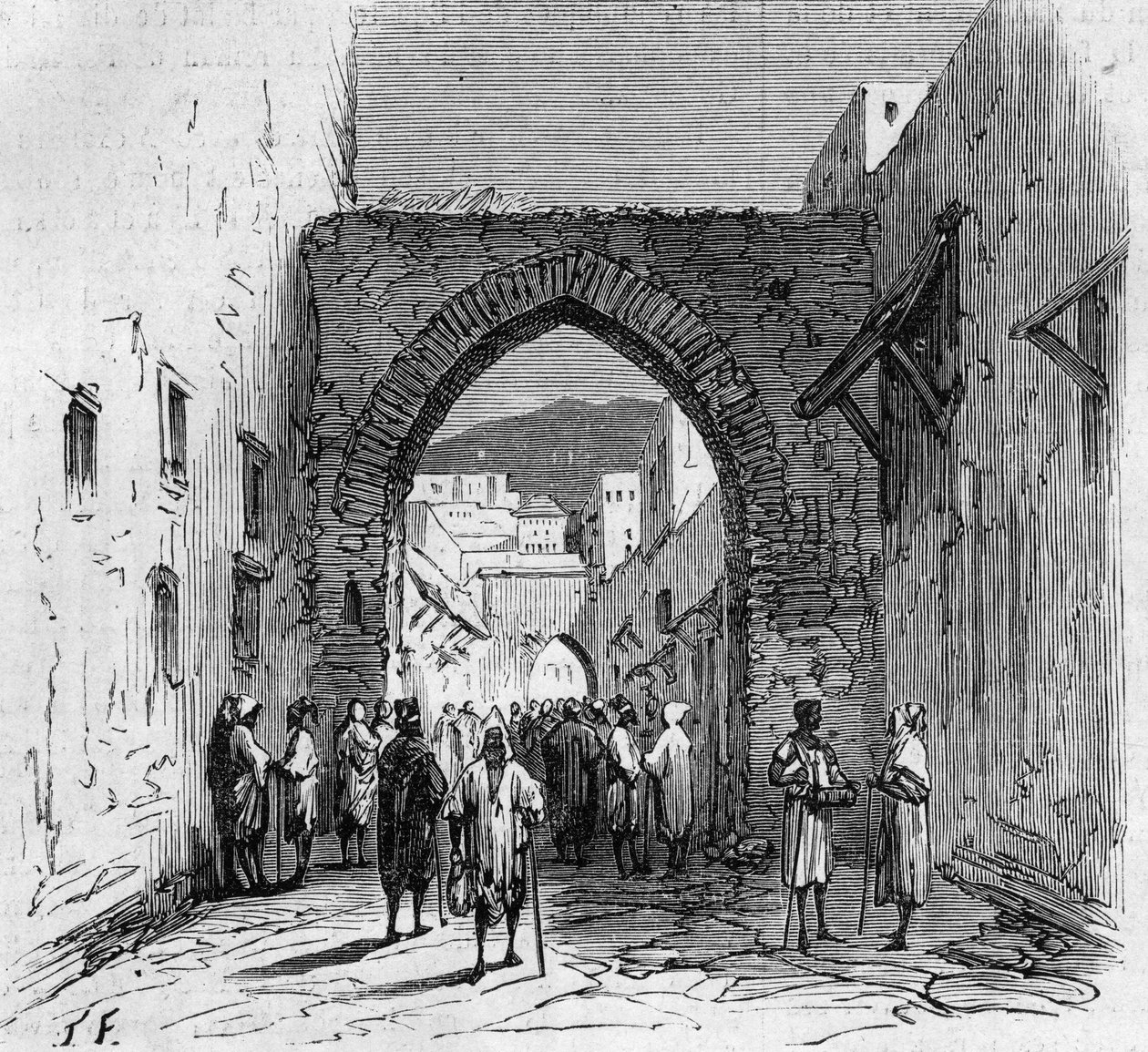 Judisk befolkning i Tetouan (Tetouan) i Marocko: utsikt över porten till den judiska barrio av French School