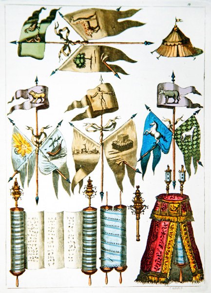 Judiska symboler, flaggor och Torah (färg litho) av French School