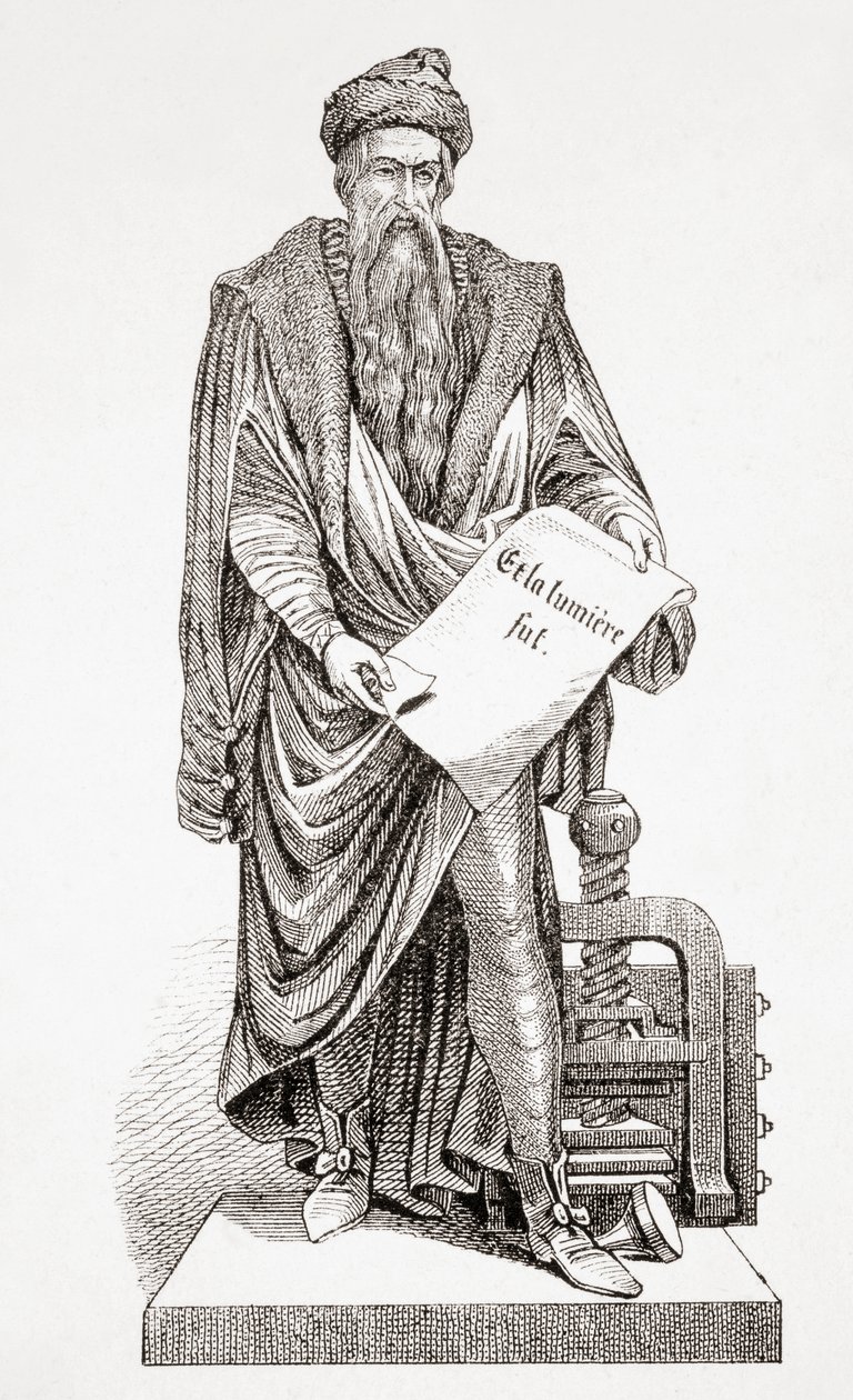 Johannes Gutenberg, från Ancient and Modern Universal History, publicerad i Strasbourg c.1860 (gravyr) av French School