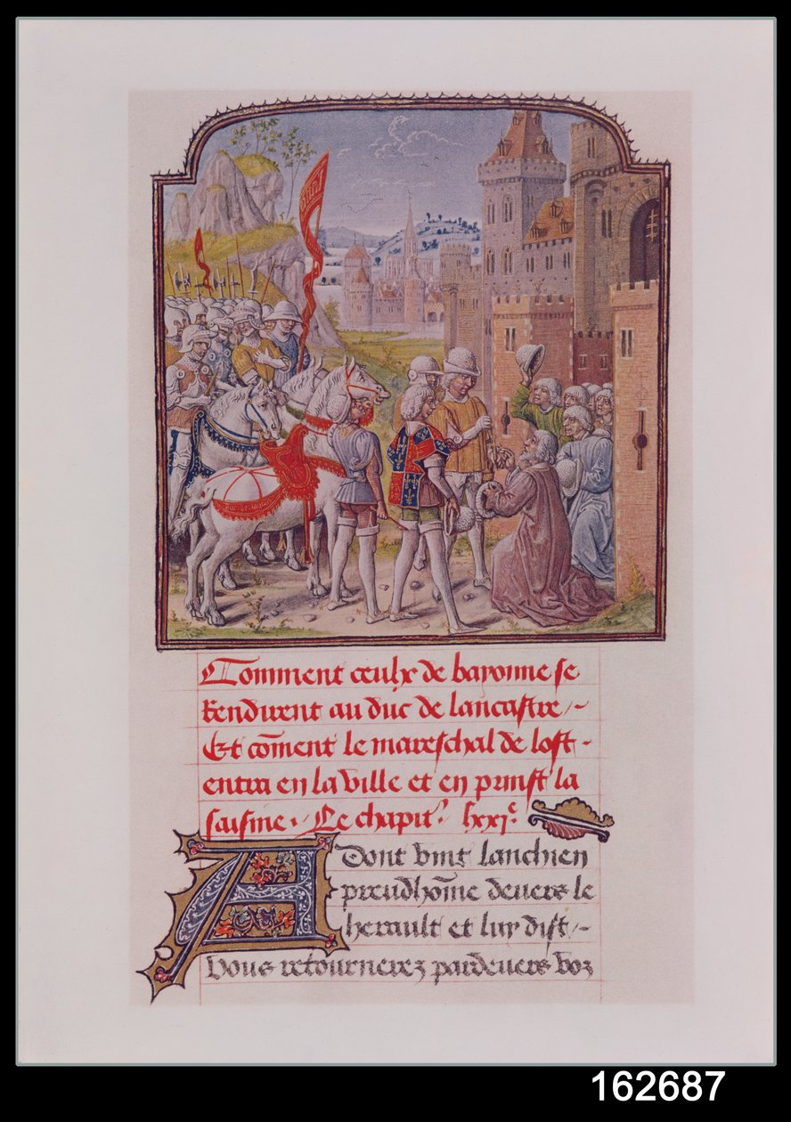 John of Gaunt tas emot av invånarna i Bayonne vid stadsportarna, från Froissarts Chronicle, sent 1400-tal av French School