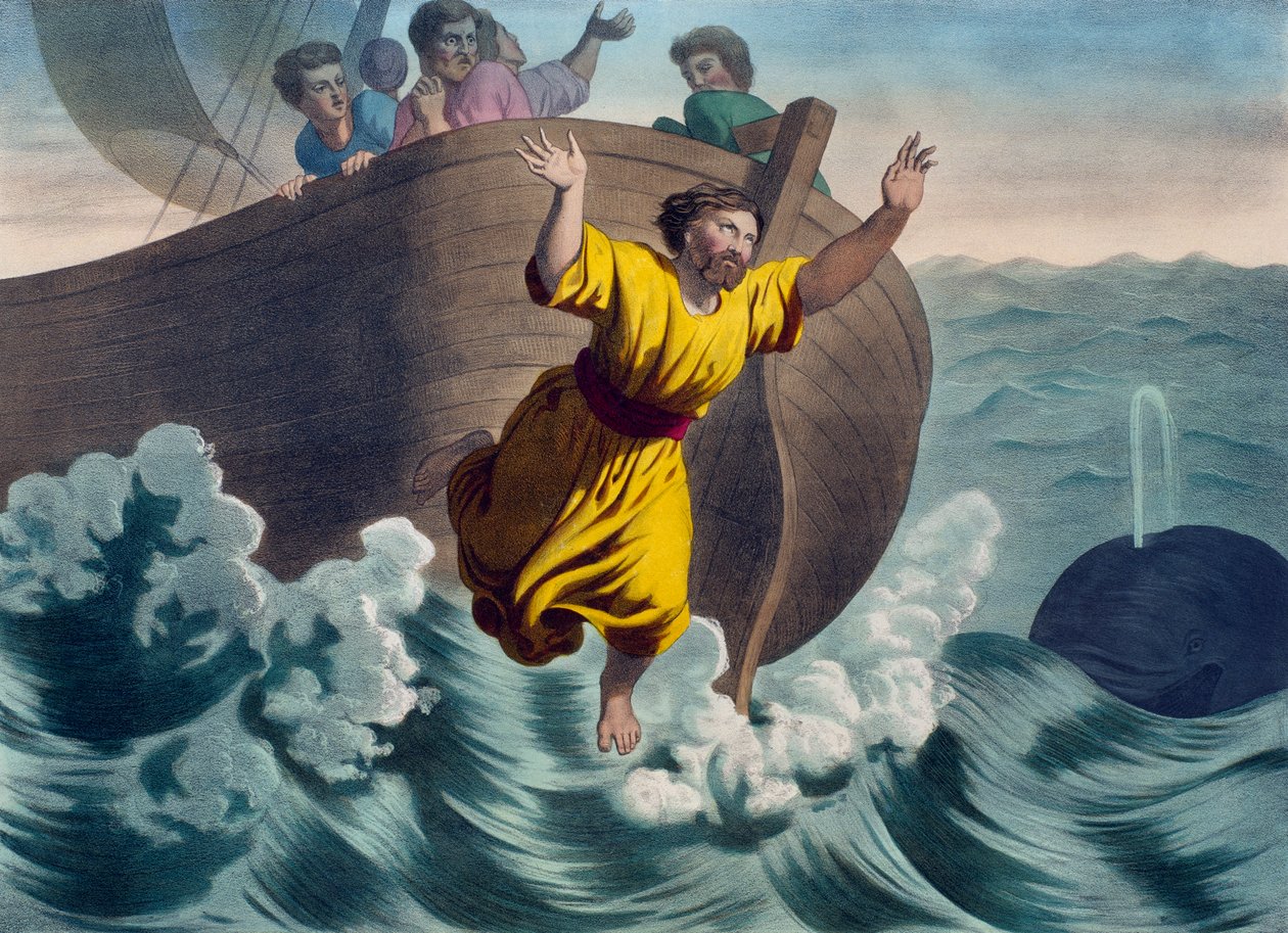 Jonah kastad i havet, illustration från en katekes LHistoire Sainte, utgiven av Charles Delagrave, Paris, sent 1800-tal av French School