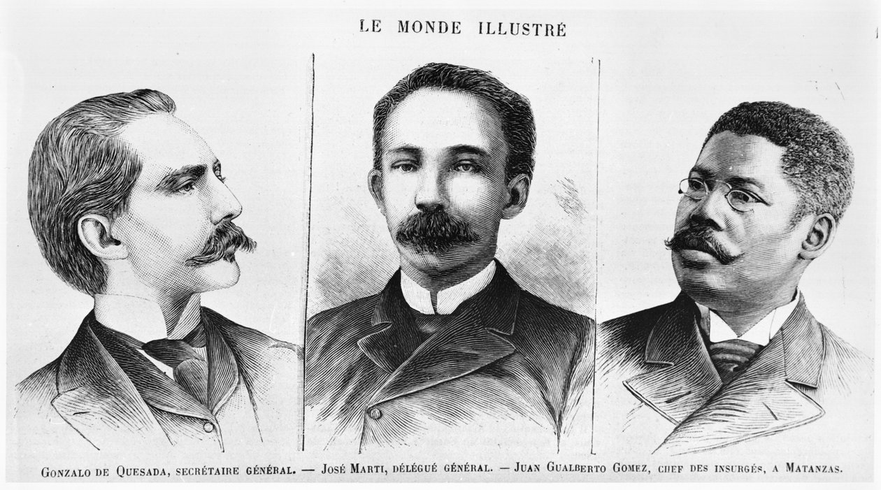 Jose Marti (1853-95), Gonzalo de Quesasa (1868-1915), Juan Gualberto Gomez (1854-1933), illustration från Le Monde Illustre, 16 mars 1895 av French School