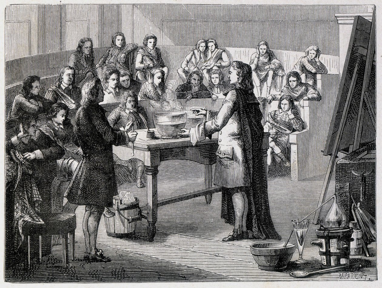 Joseph Black (1728 - 1799), brittisk kemist och fysiker, upplever den latenta kalorin innan studenterna vid University of Glascow av French School