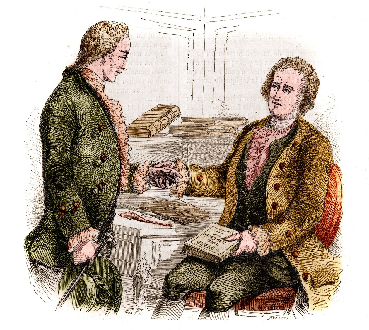 Joseph de Maistre (1753-1821), fransk politiker, författare och filosof, och greve Xavier de Maistre (1763-1852), fransk officer och författare med det första exemplaret av "Resan runt mitt rum". Skogsteckning. Gravyr från 1852. av French School