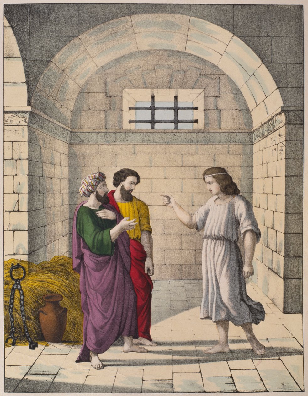 Joseph i fängelse förklarar överbagarens och överhovmästarens drömmar, illustration från en katekes LHistoire Sainte, utgiven av Charles Delagrave, Paris, sent 1800-tal av French School