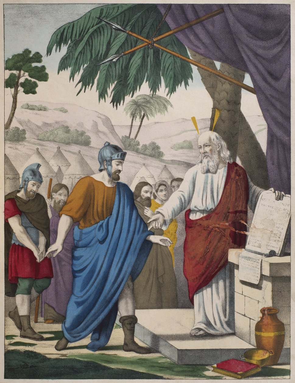Joshua utnämnd av Moses till hans efterträdare, illustration från en katekes LHistoire Sainte, publicerad av Charles Delagrave, Paris, sent 1800-tal av French School