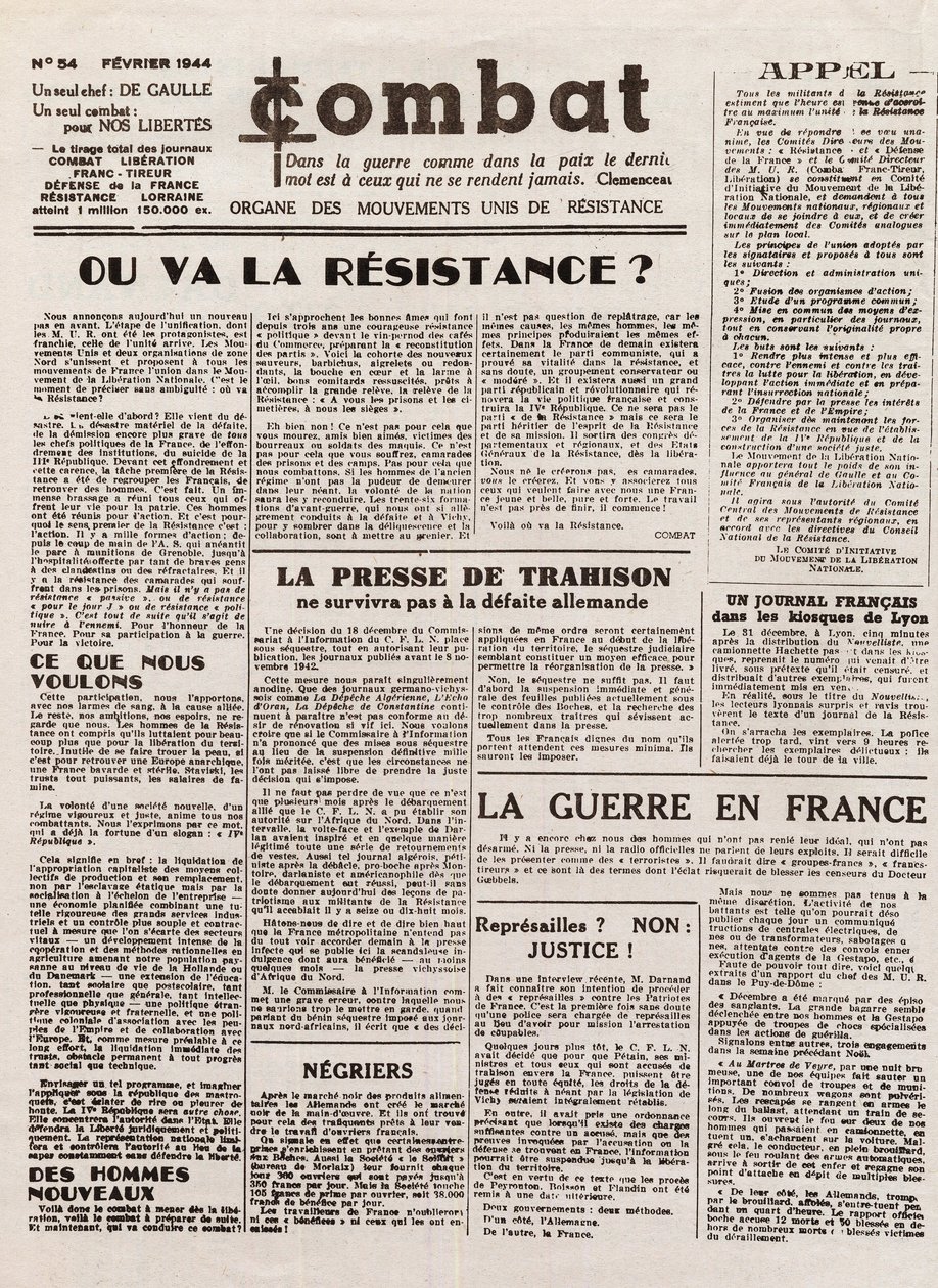 Journal COMBAT - nummer 54 - februari 1944 - organ för de förenade motståndsrörelserna. (hemlig tidning) - Vart tar motståndet vägen av French School
