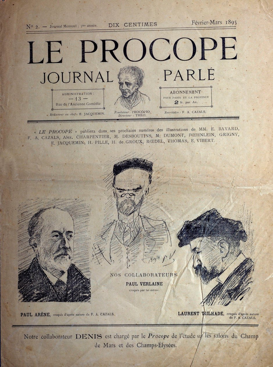 Journal du Proope, Parisiska kaféet, februari 1895: porträtt av de franska poeterna Paul Verlaine, Paul Arene och Laurent Tailhade. av French School