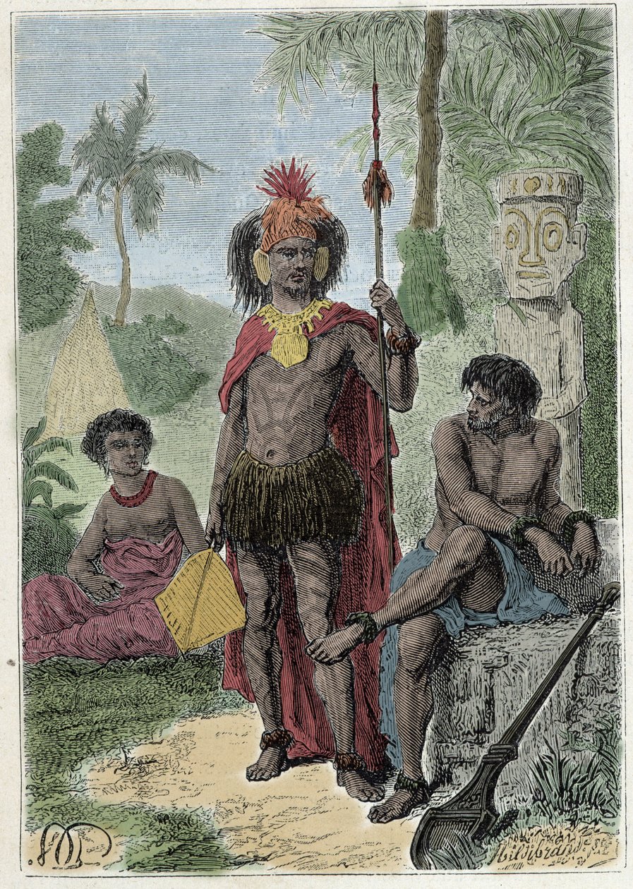Journey of Captain James Cook (1728-1779): infödingarna på Marquesasöarna - illustration hämtad från "The Great Mariners of the 18th century"" av French School
