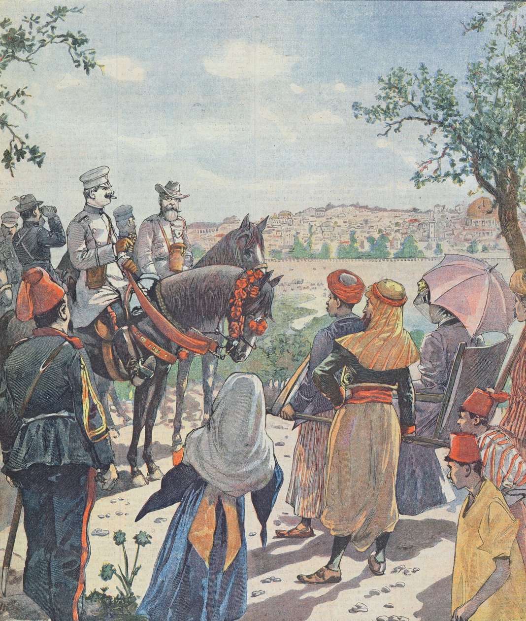 Kaiser Wilhelm II:s (1859-1941) resa till Palestina. The Arrival in Jerusalem, från en tidning, 2 november 1898 av French School