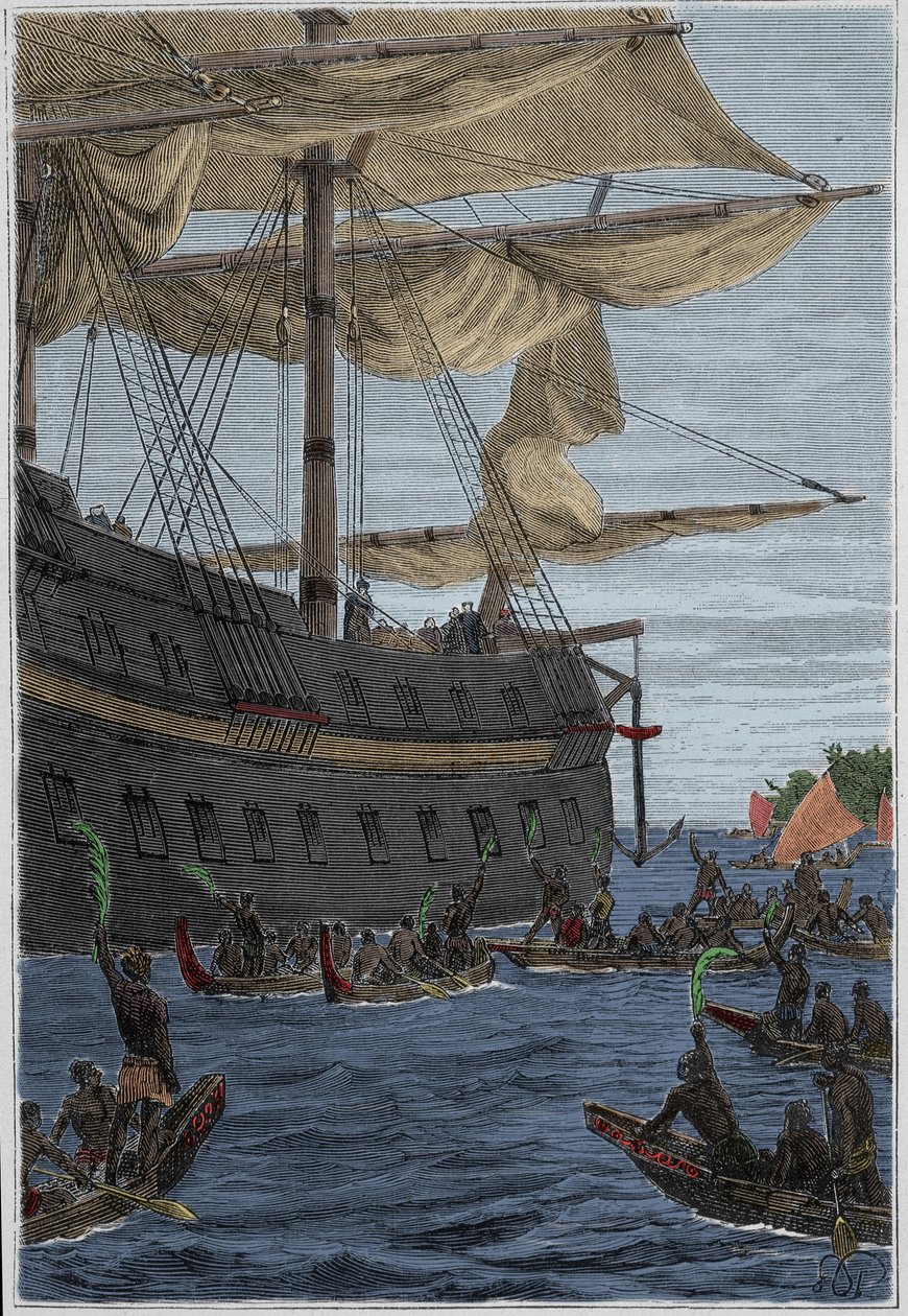 Samuel Wallis (1728-1795) resa till Polynesien: ursprungsbefolkningen som håller banangrenar i handen som en välkomsthälsning - illustration hämtad från "The Great Mariners of the 18th century"" av French School