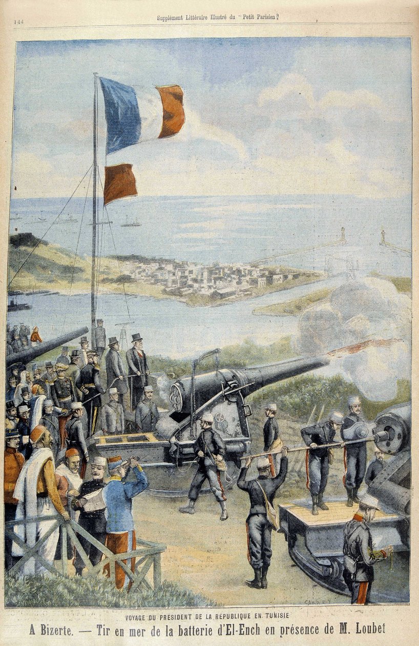 Republikens presidents resa till Tunisien: till Bizerte, skjutande till havs från El-Enchs batteri i närvaro av Loubet - i "" Le Peute Parisien""" av 1903-05-03 av French School