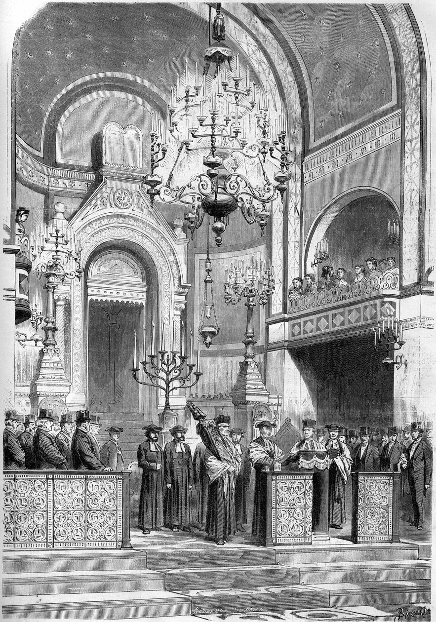 Judendom: högtidligt mottagande av överrabbinen i Paris, Zadoc Kahn (1839-1905), i synagogan på rue Notre Dame de Nazareth, 13 januari 1869. Överrabbinen indikerade ""Bön för kejsaren"". Gravyr i ""The Illustrious World"" nr 615 av 23 ja av French School