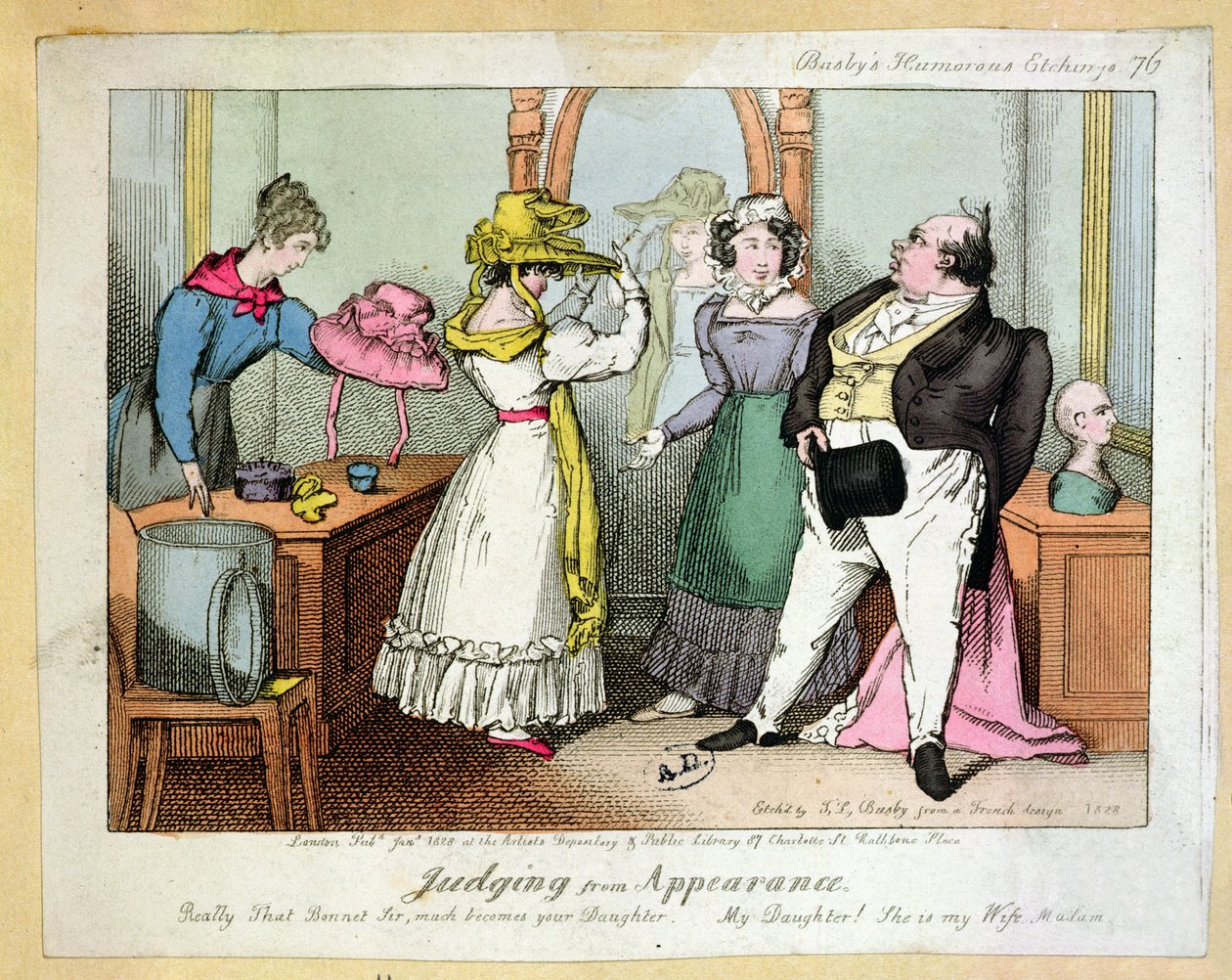Av utseende att döma, nummer 76 av Busbys Humorous Etchings, graverad av Thomas Busby (fl.1804-21) 1828 av French School