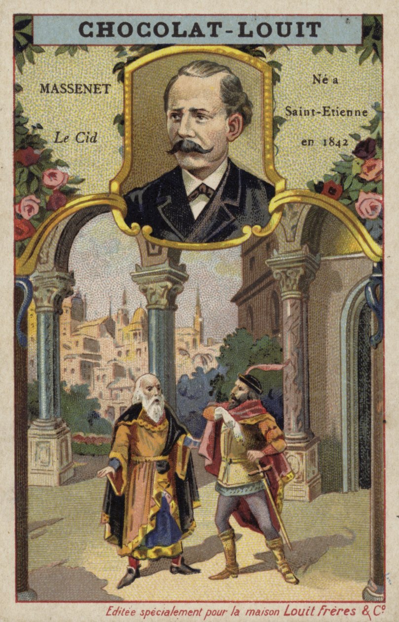 Jules Massenet, fransk kompositör, och en scen ur hans opera Le Cid (chromolitho) av French School