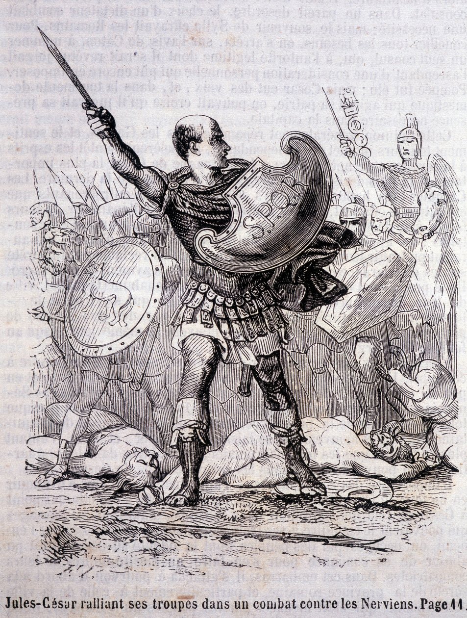 Julius Caesar samlar sina trupper i en kamp mot nerverna - i "Histoire de France" av L.-P. Anquetil av French School