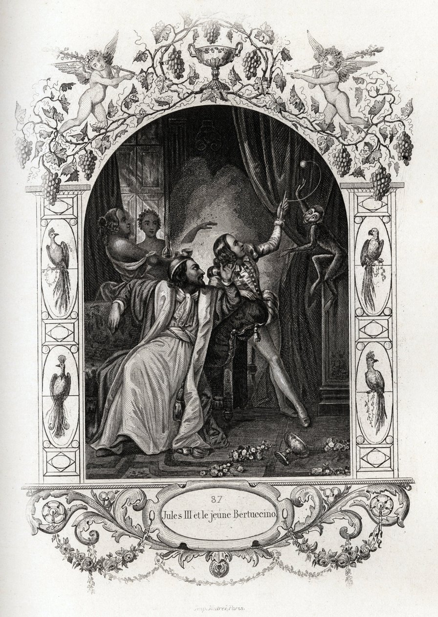 Julius III (julius eller Iulius eller Giulio) (påven från 1550 till 1555) och den unge Bertuccino, apshowen. Gravyr för att illustrera Histoire des popes av Maurice Lachatre (1814-1900), librairie du progres, Paris. av French School