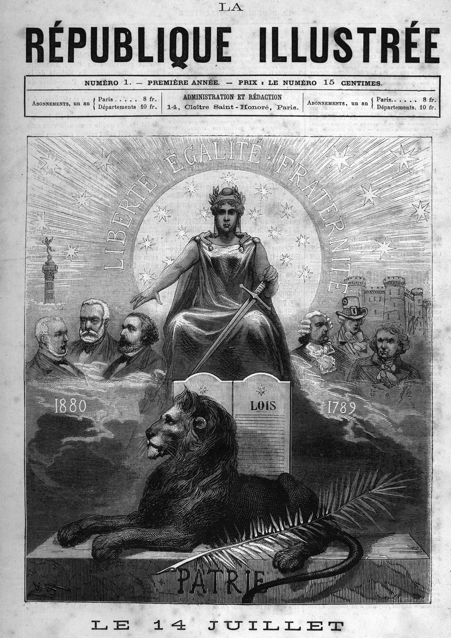 14 juli: Allegorie de la Republique Francaise. En kvinna krönt med lagrar och håller ett svärd. Vid hans fötter, ett lejon, en handflata och lagarnas bord. Ovanför det, republikens motto "" Liberte, Equality, Fraternity "". På oddsen, intellektuella och po av French School