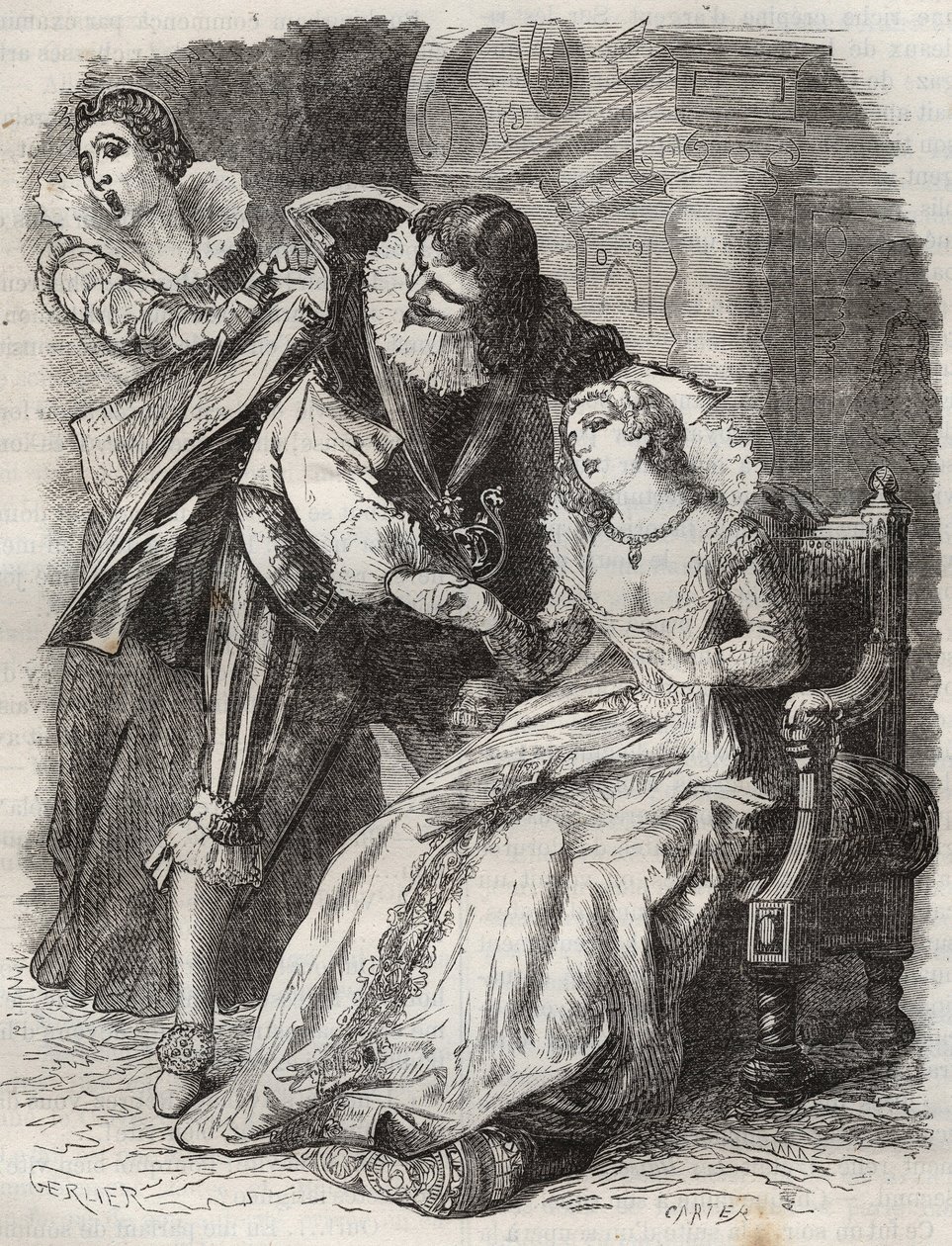 Hoppar som en rasande, tar tag i hertigen i hans rock... Drottning av Frankrike Anne av Österrike (1601-1666) och hertigen av Buckingham (George Villiers) av French School